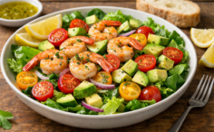 Salotos su krevetėmis, pomidorais ir avokadais