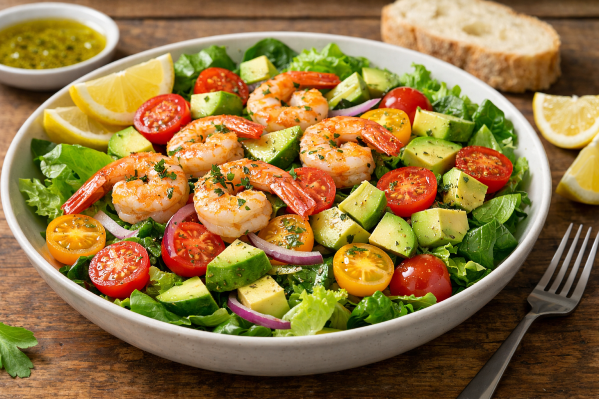 Salotos su krevetėmis, pomidorais, avokadais